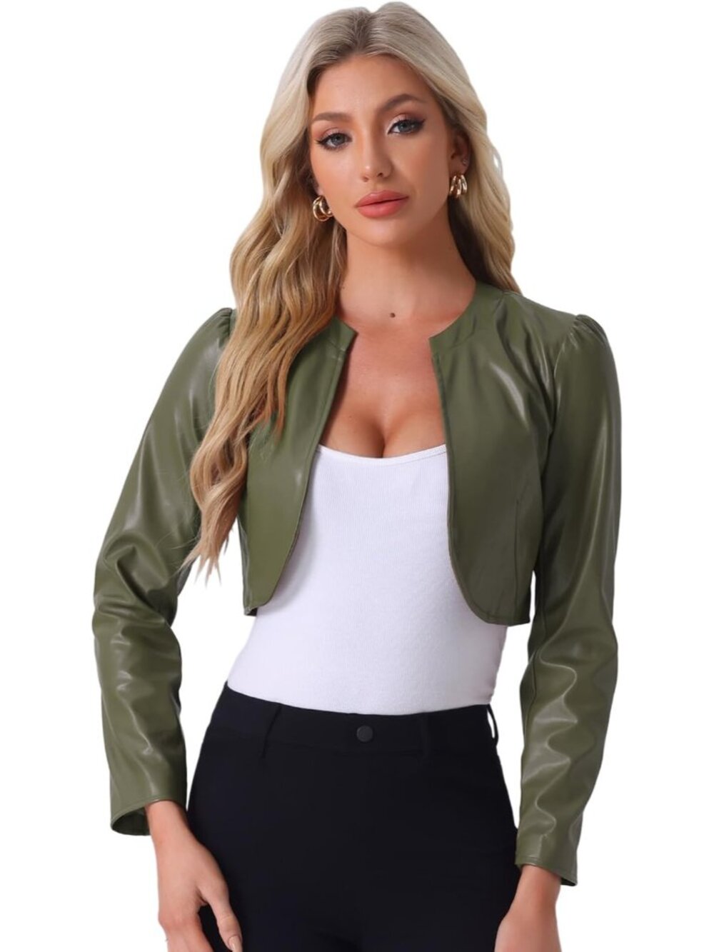 Women’s Olive Green Faux Leather Cropped Jacket Open Front Long Sleeve PU Coat